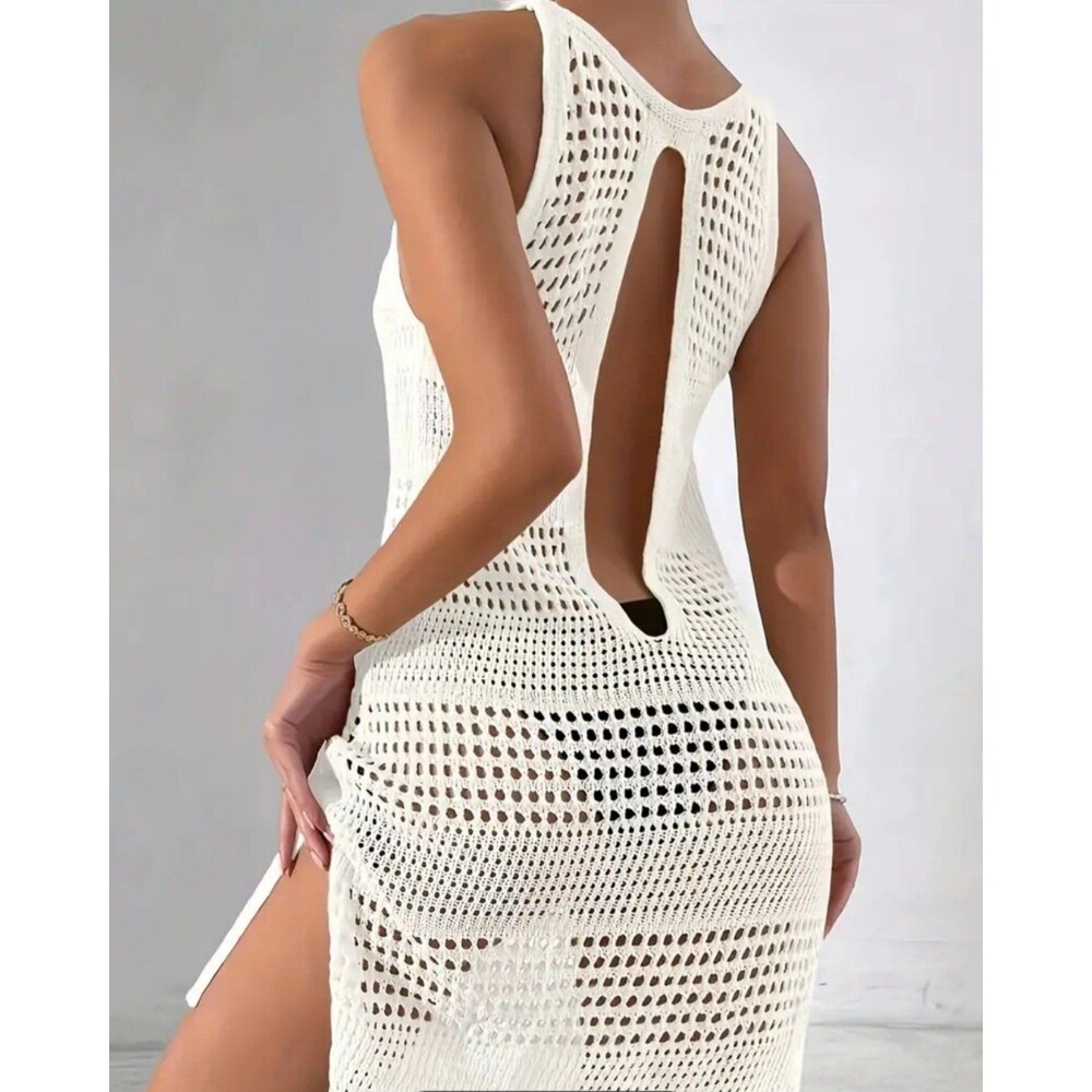 Solid Color Knitted Cover Up Dress, Round Neck Hollow Out Backless Split